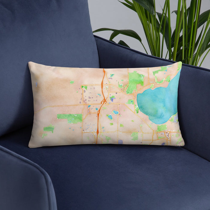 Custom Middleton Wisconsin Map Throw Pillow in Watercolor on Blue Colored Chair
