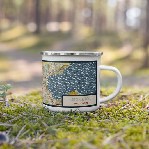 Right View Custom Middleton Wisconsin Map Enamel Mug in Woodblock on Grass With Trees in Background
