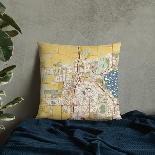 Custom Middleton Wisconsin Map Throw Pillow in Woodblock on Bedding Against Wall