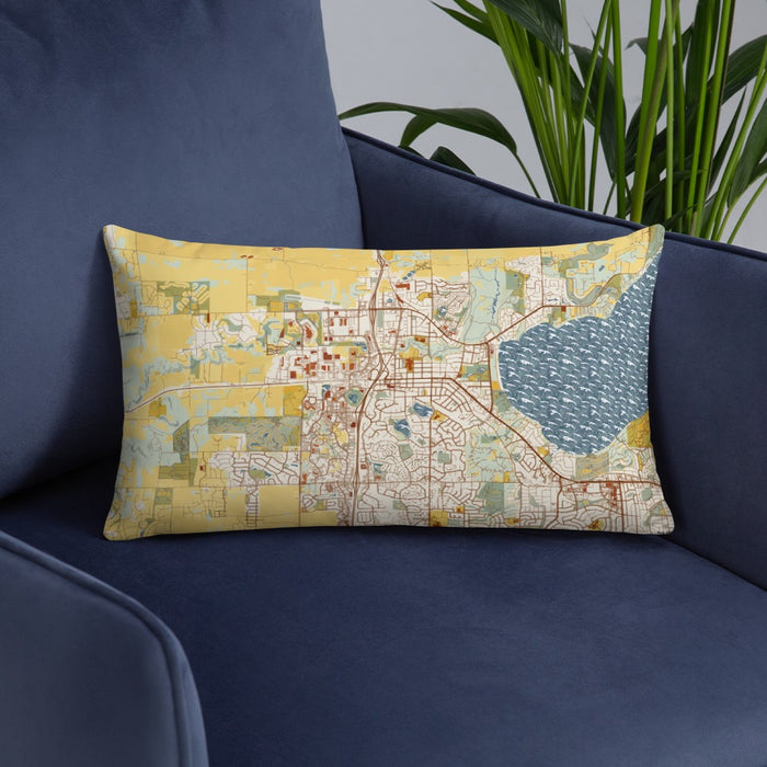 Custom Middleton Wisconsin Map Throw Pillow in Woodblock on Blue Colored Chair