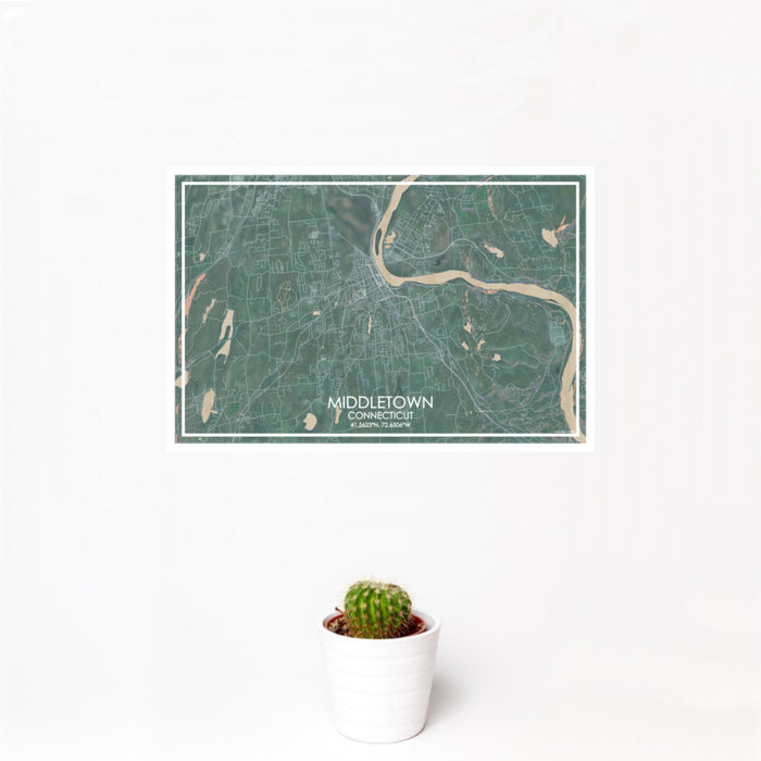 12x18 Middletown Connecticut Map Print Landscape Orientation in Afternoon Style With Small Cactus Plant in White Planter