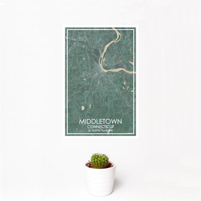 12x18 Middletown Connecticut Map Print Portrait Orientation in Afternoon Style With Small Cactus Plant in White Planter