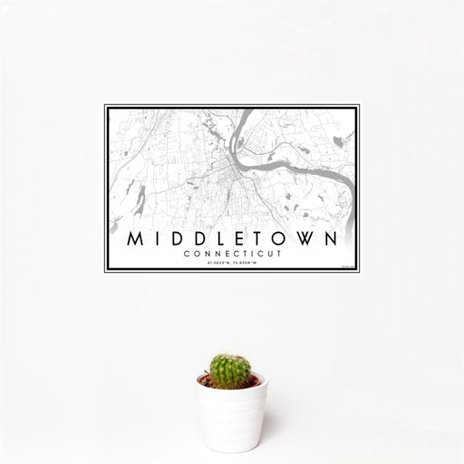 12x18 Middletown Connecticut Map Print Landscape Orientation in Classic Style With Small Cactus Plant in White Planter