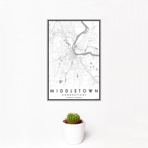 12x18 Middletown Connecticut Map Print Portrait Orientation in Classic Style With Small Cactus Plant in White Planter