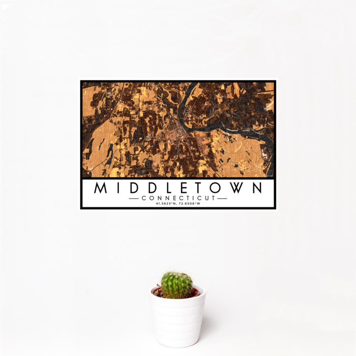 12x18 Middletown Connecticut Map Print Landscape Orientation in Ember Style With Small Cactus Plant in White Planter