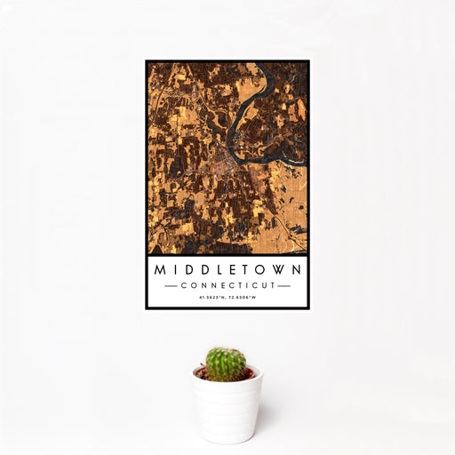 12x18 Middletown Connecticut Map Print Portrait Orientation in Ember Style With Small Cactus Plant in White Planter