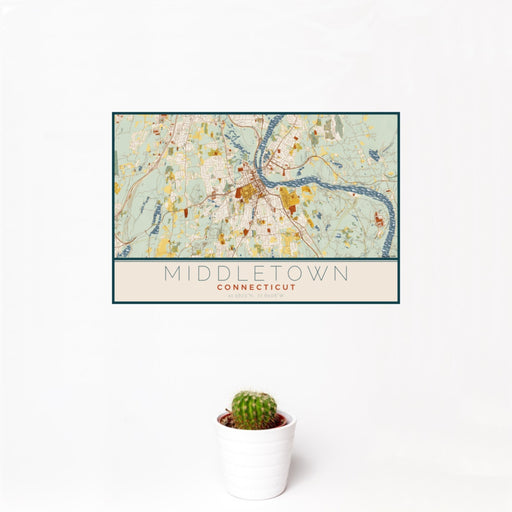 12x18 Middletown Connecticut Map Print Landscape Orientation in Woodblock Style With Small Cactus Plant in White Planter