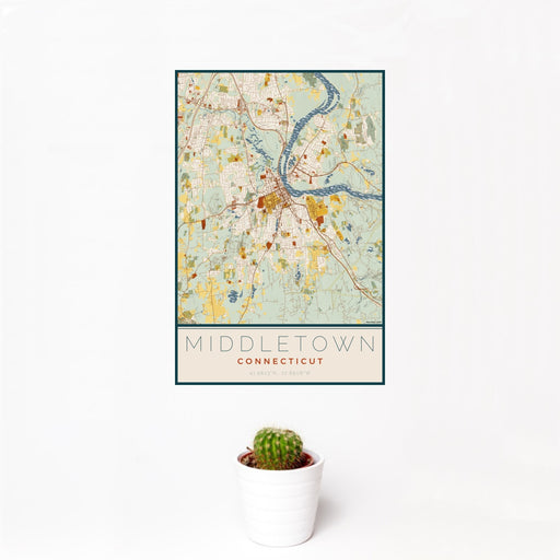 12x18 Middletown Connecticut Map Print Portrait Orientation in Woodblock Style With Small Cactus Plant in White Planter