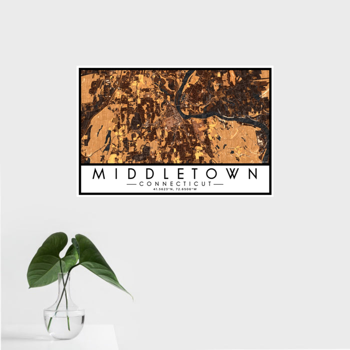 16x24 Middletown Connecticut Map Print Landscape Orientation in Ember Style With Tropical Plant Leaves in Water
