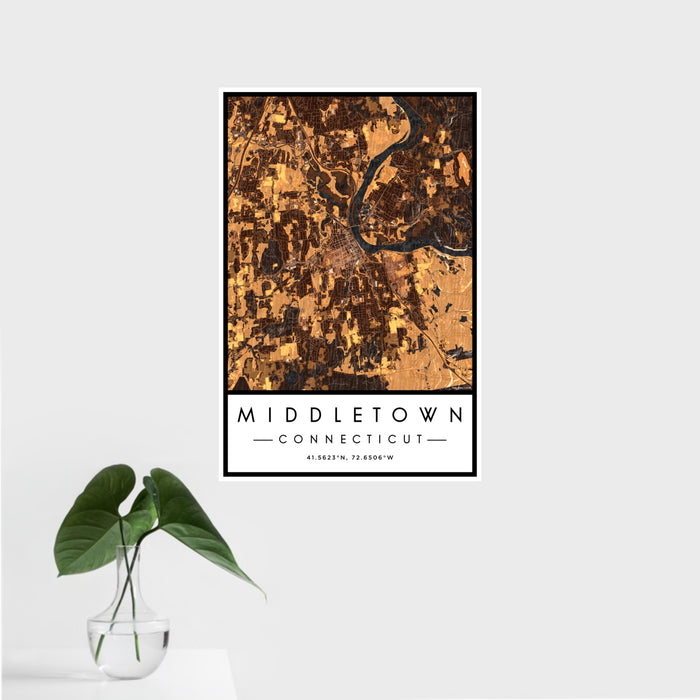 16x24 Middletown Connecticut Map Print Portrait Orientation in Ember Style With Tropical Plant Leaves in Water