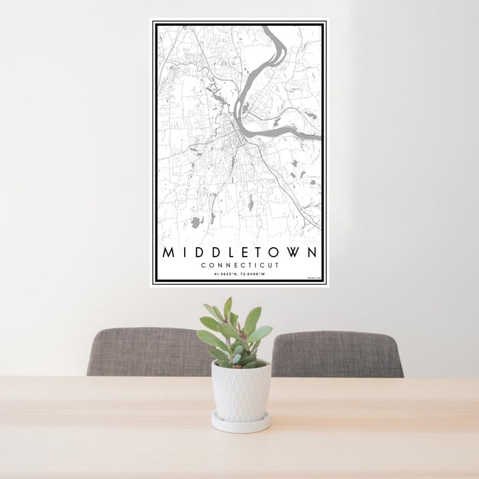24x36 Middletown Connecticut Map Print Portrait Orientation in Classic Style Behind 2 Chairs Table and Potted Plant
