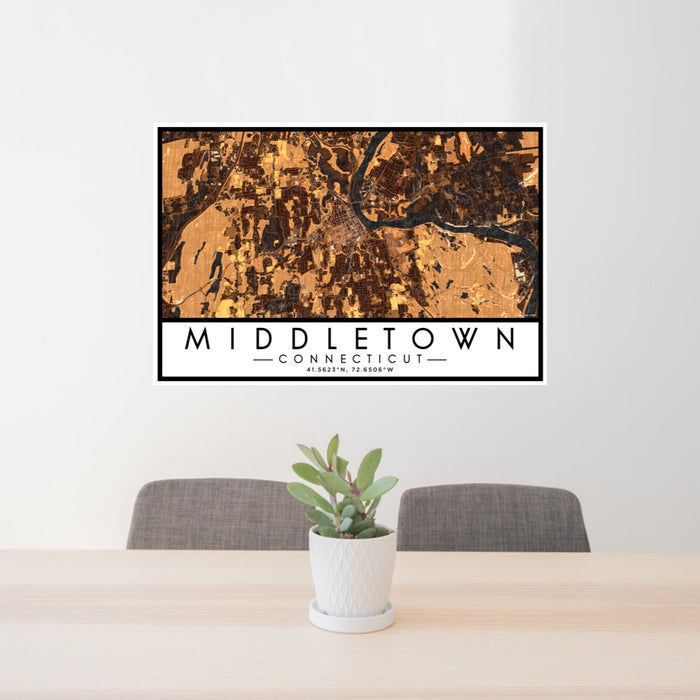 24x36 Middletown Connecticut Map Print Lanscape Orientation in Ember Style Behind 2 Chairs Table and Potted Plant