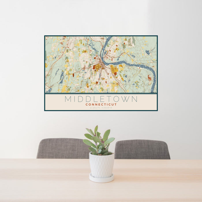 24x36 Middletown Connecticut Map Print Lanscape Orientation in Woodblock Style Behind 2 Chairs Table and Potted Plant