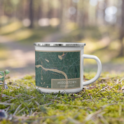 Right View Custom Middletown Connecticut Map Enamel Mug in Afternoon on Grass With Trees in Background