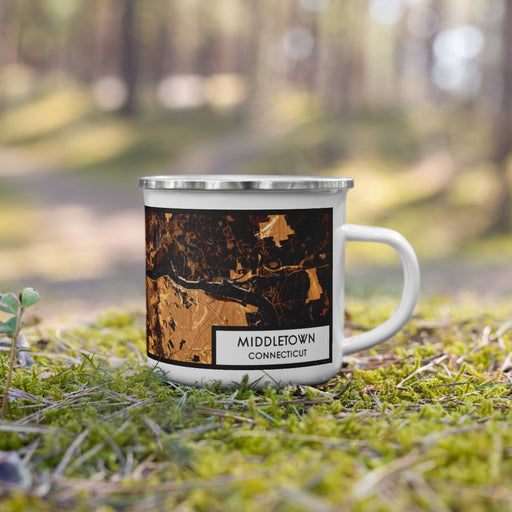 Right View Custom Middletown Connecticut Map Enamel Mug in Ember on Grass With Trees in Background