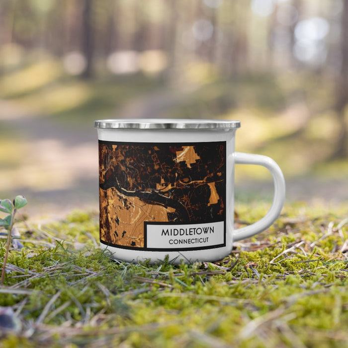Right View Custom Middletown Connecticut Map Enamel Mug in Ember on Grass With Trees in Background