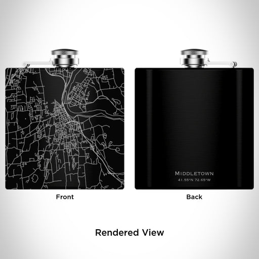 Rendered View of Middletown Connecticut Map Engraving on 6oz Stainless Steel Flask in Black