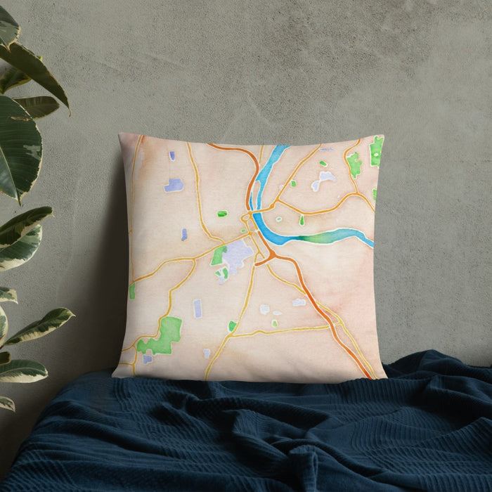 Custom Middletown Connecticut Map Throw Pillow in Watercolor on Bedding Against Wall