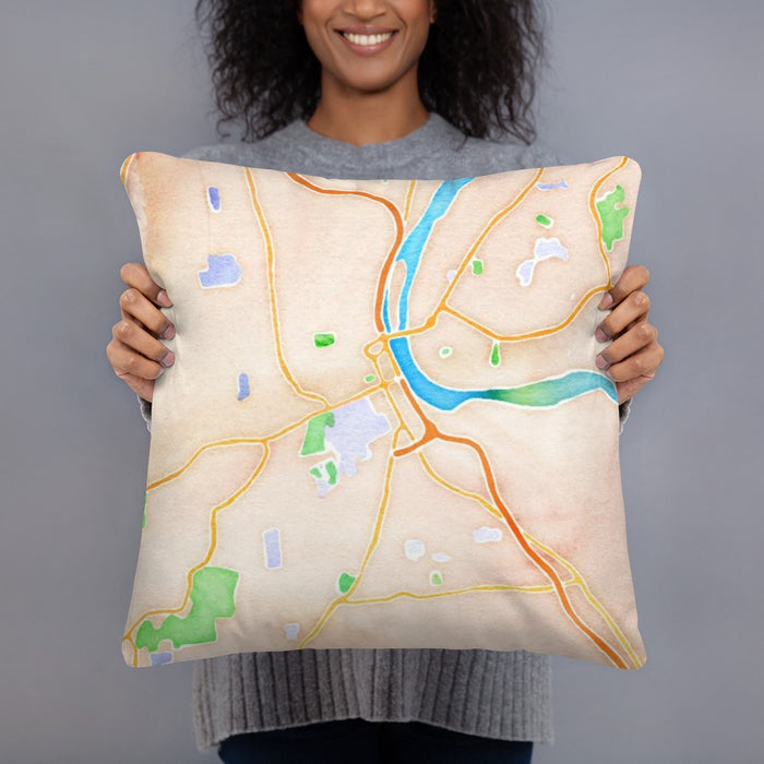 Person holding 18x18 Custom Middletown Connecticut Map Throw Pillow in Watercolor