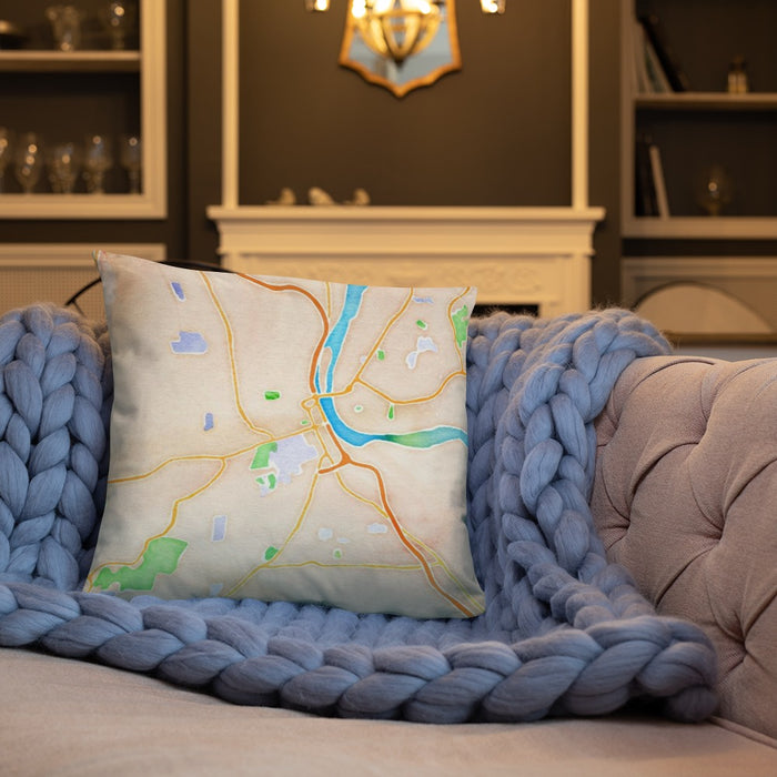 Custom Middletown Connecticut Map Throw Pillow in Watercolor on Cream Colored Couch