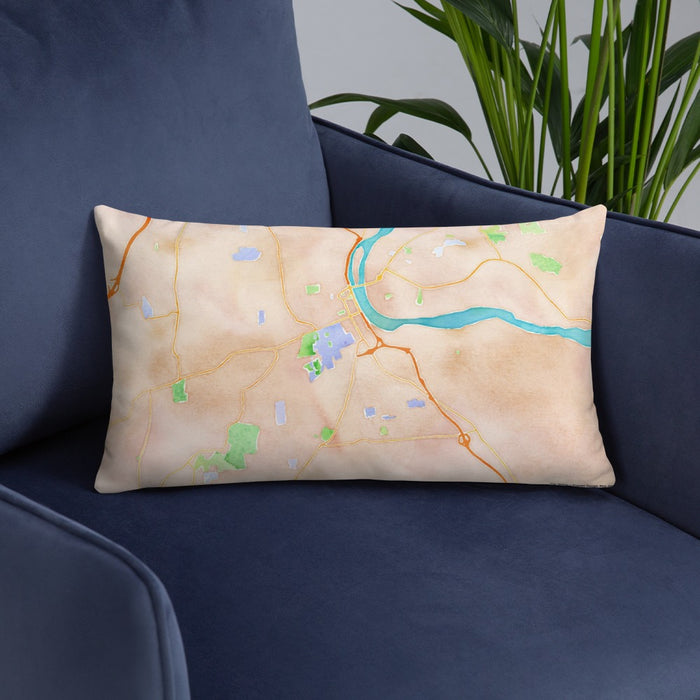 Custom Middletown Connecticut Map Throw Pillow in Watercolor on Blue Colored Chair