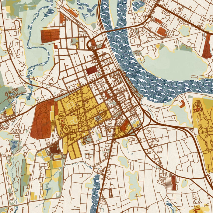 Middletown Connecticut Map Print in Woodblock Style Zoomed In Close Up Showing Details