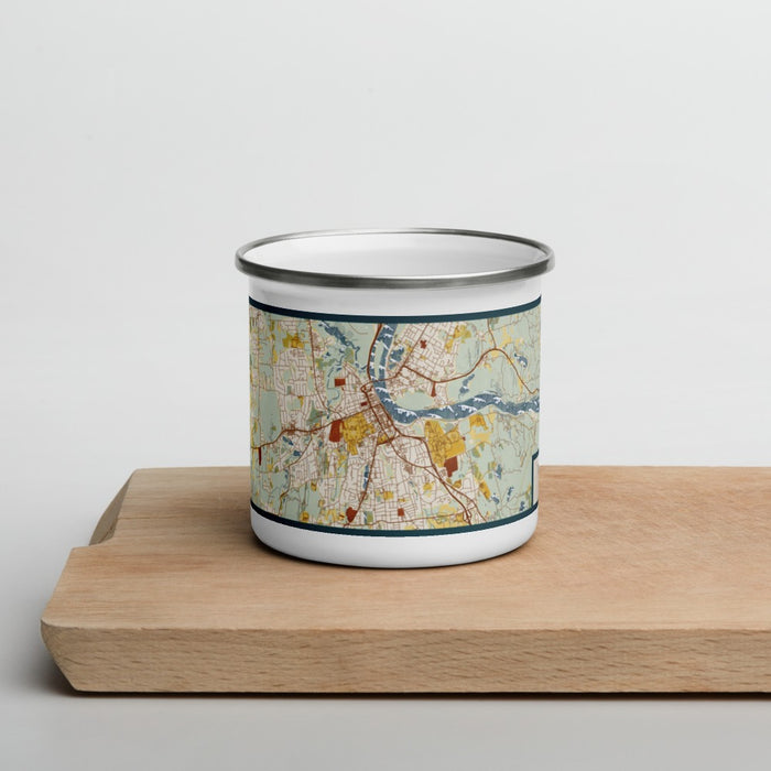 Front View Custom Middletown Connecticut Map Enamel Mug in Woodblock on Cutting Board