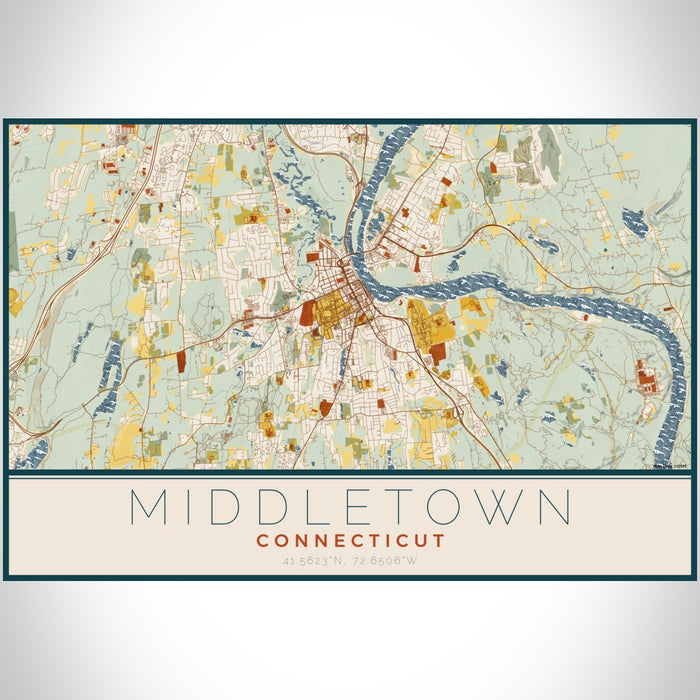 Middletown Connecticut Map Print Landscape Orientation in Woodblock Style With Shaded Background