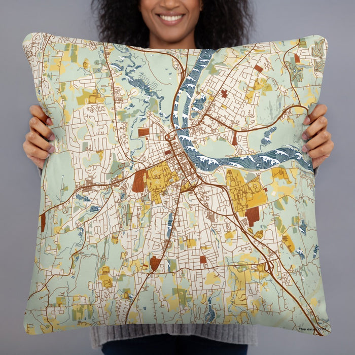 Person holding 22x22 Custom Middletown Connecticut Map Throw Pillow in Woodblock
