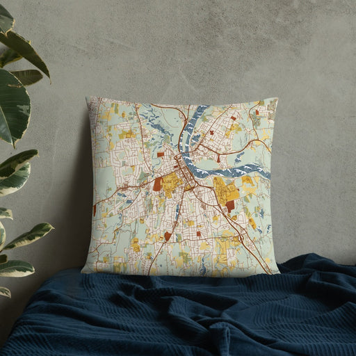 Custom Middletown Connecticut Map Throw Pillow in Woodblock on Bedding Against Wall