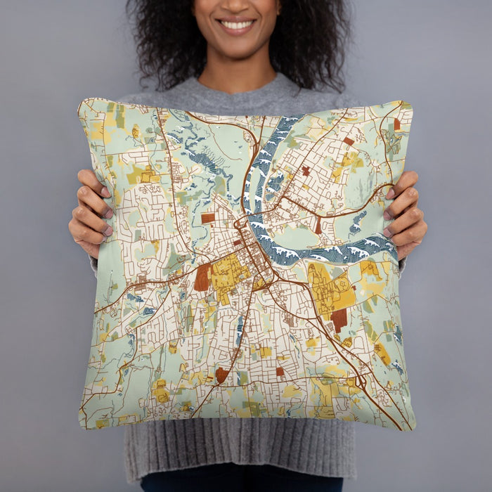 Person holding 18x18 Custom Middletown Connecticut Map Throw Pillow in Woodblock
