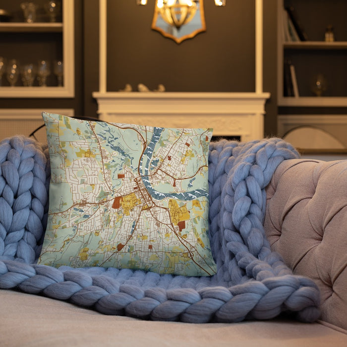 Custom Middletown Connecticut Map Throw Pillow in Woodblock on Cream Colored Couch