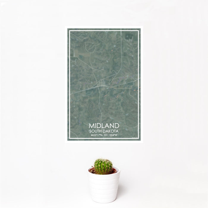 12x18 Midland South Dakota Map Print Portrait Orientation in Afternoon Style With Small Cactus Plant in White Planter
