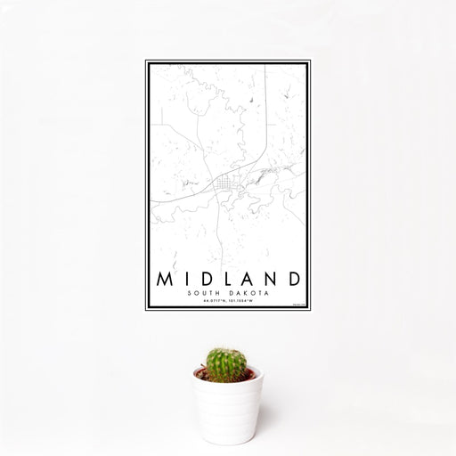 12x18 Midland South Dakota Map Print Portrait Orientation in Classic Style With Small Cactus Plant in White Planter