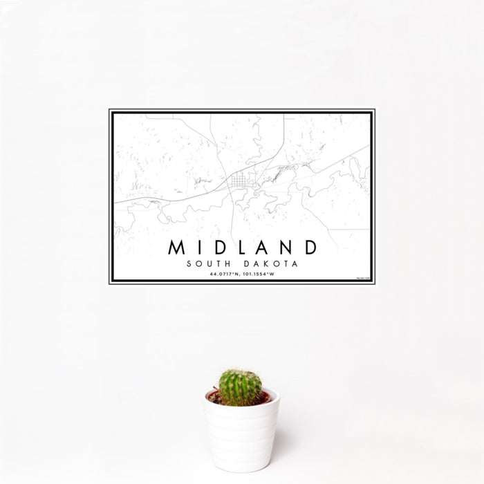 12x18 Midland South Dakota Map Print Landscape Orientation in Classic Style With Small Cactus Plant in White Planter