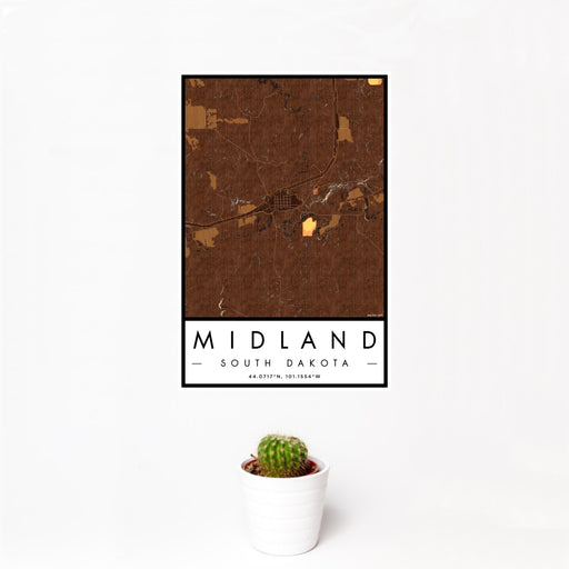 12x18 Midland South Dakota Map Print Portrait Orientation in Ember Style With Small Cactus Plant in White Planter