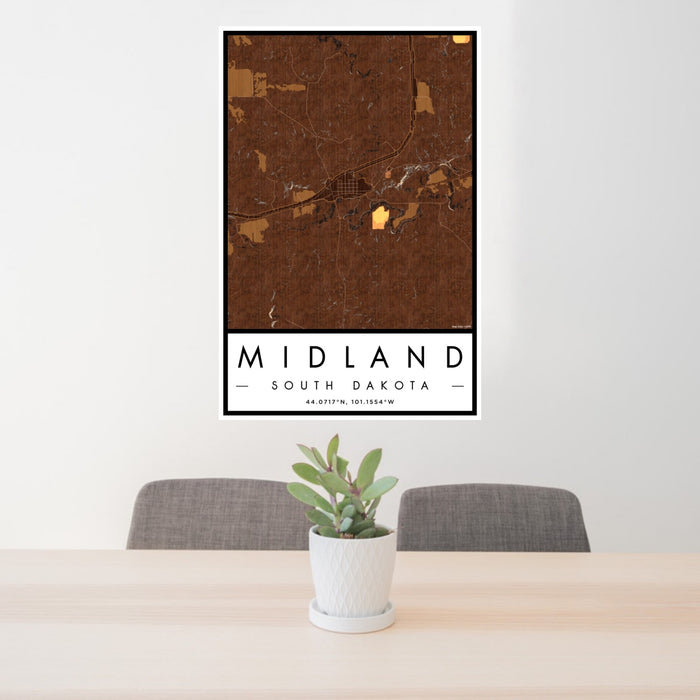 24x36 Midland South Dakota Map Print Portrait Orientation in Ember Style Behind 2 Chairs Table and Potted Plant