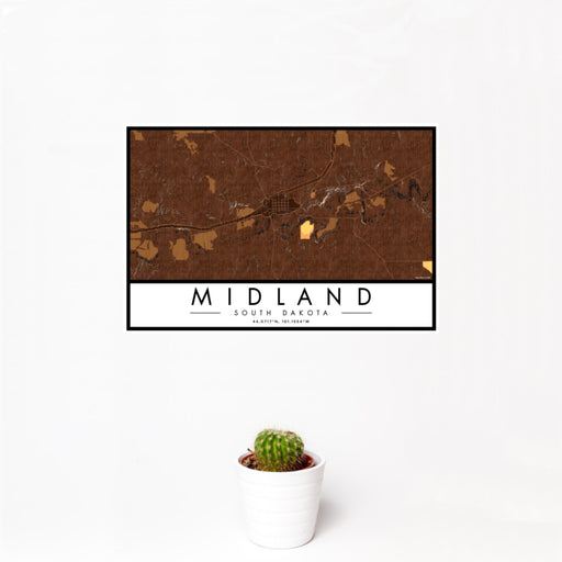 12x18 Midland South Dakota Map Print Landscape Orientation in Ember Style With Small Cactus Plant in White Planter