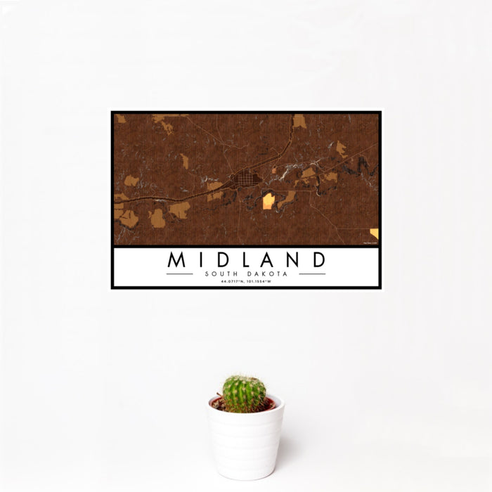12x18 Midland South Dakota Map Print Landscape Orientation in Ember Style With Small Cactus Plant in White Planter
