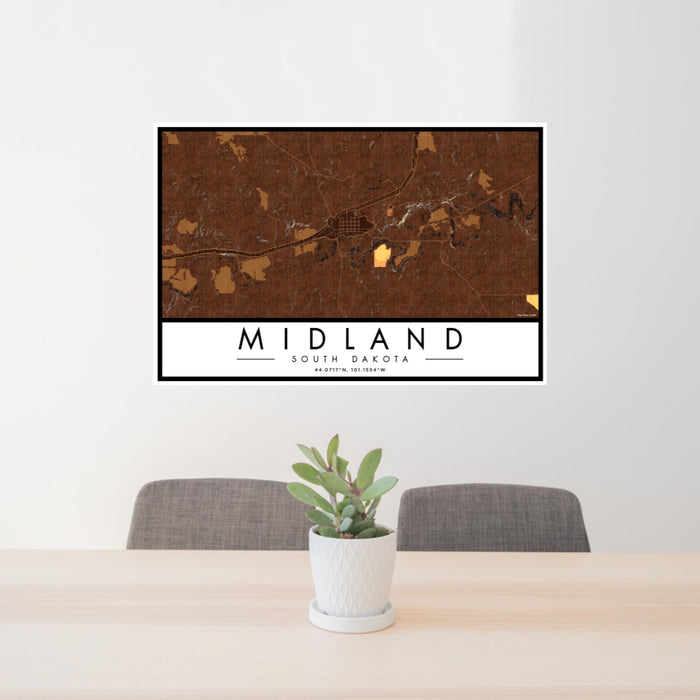 24x36 Midland South Dakota Map Print Landscape Orientation in Ember Style Behind 2 Chairs Table and Potted Plant
