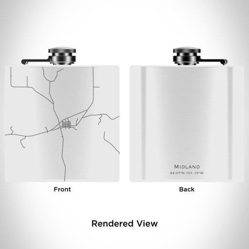 Rendered View of Midland South Dakota Map Engraving on 6oz Stainless Steel Flask in White