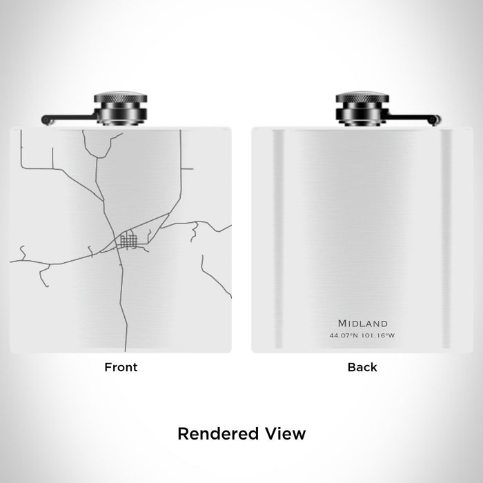 Rendered View of Midland South Dakota Map Engraving on 6oz Stainless Steel Flask in White