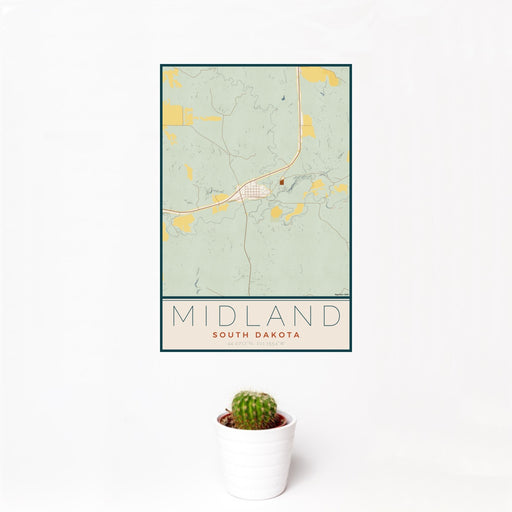 12x18 Midland South Dakota Map Print Portrait Orientation in Woodblock Style With Small Cactus Plant in White Planter