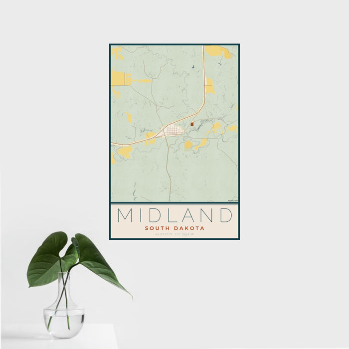 16x24 Midland South Dakota Map Print Portrait Orientation in Woodblock Style With Tropical Plant Leaves in Water
