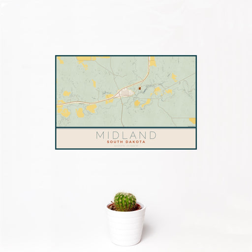 12x18 Midland South Dakota Map Print Landscape Orientation in Woodblock Style With Small Cactus Plant in White Planter