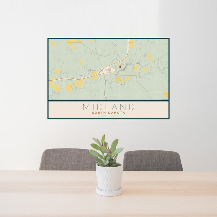24x36 Midland South Dakota Map Print Landscape Orientation in Woodblock Style Behind 2 Chairs Table and Potted Plant