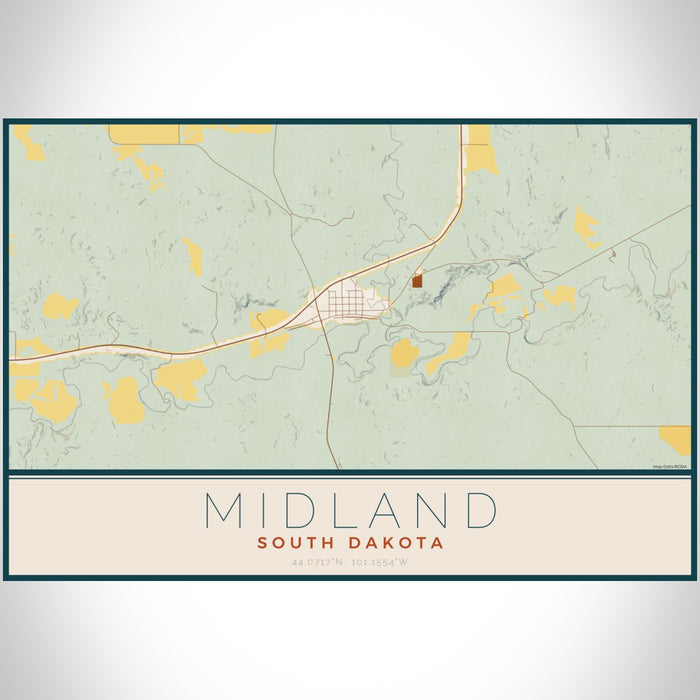 Midland South Dakota Map Print Landscape Orientation in Woodblock Style With Shaded Background