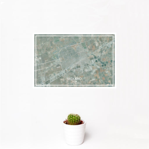 12x18 Midland Texas Map Print Landscape Orientation in Afternoon Style With Small Cactus Plant in White Planter