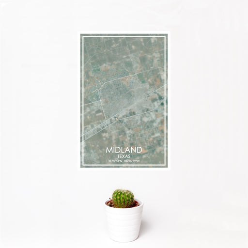 12x18 Midland Texas Map Print Portrait Orientation in Afternoon Style With Small Cactus Plant in White Planter