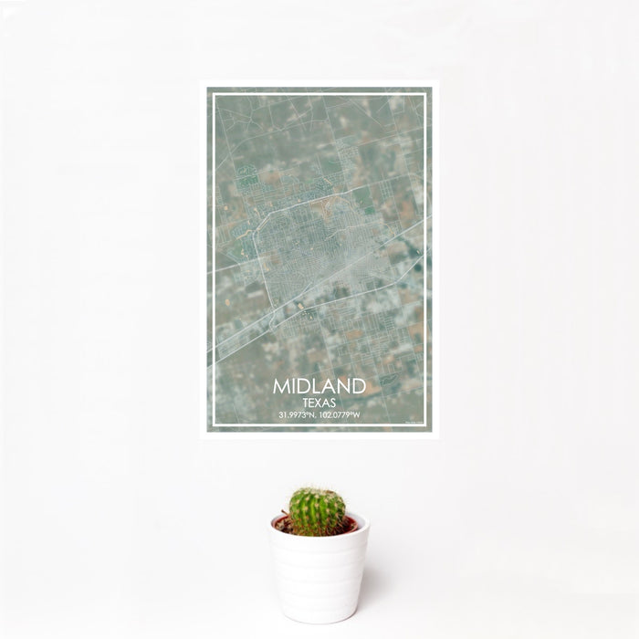 12x18 Midland Texas Map Print Portrait Orientation in Afternoon Style With Small Cactus Plant in White Planter